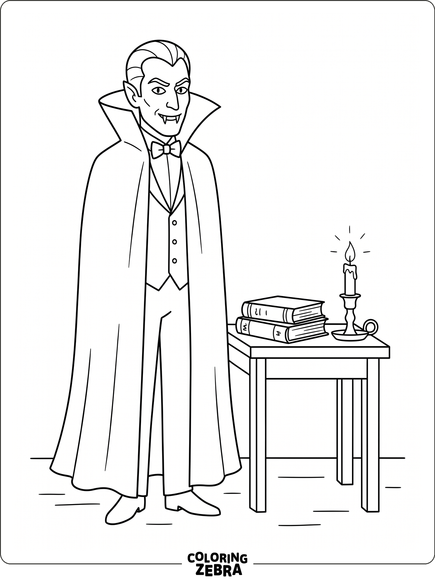 Count Dracula with a tall collar and old books