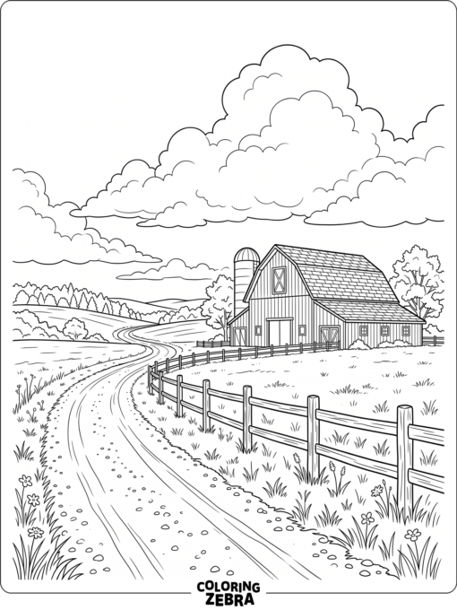 A country road with a fence, barn, and open fields