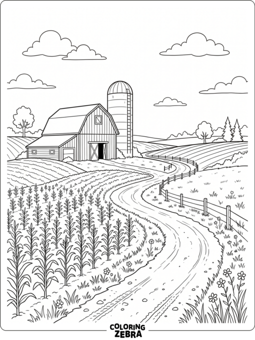 A farm with a barn, silo, crops, and a dirt road