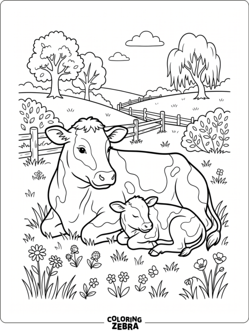 A cow and calf resting together in a meadow