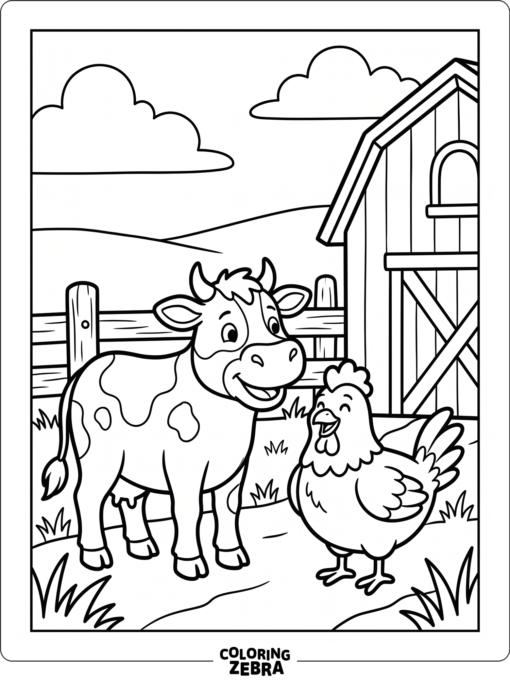 A cow and chicken stand near a farm fence