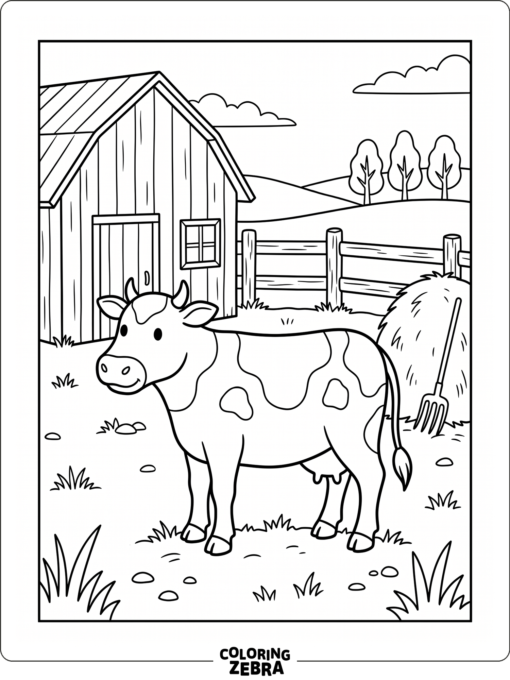 A friendly cow beside a fence and hay bale