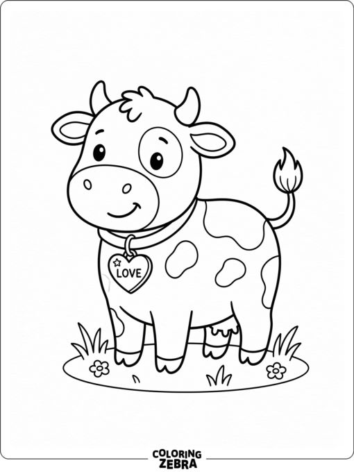 A cute cow with a heart tag and rounded shapes stands in a simple pose.