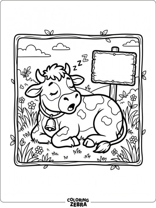 A sleepy cow beside a blank sign