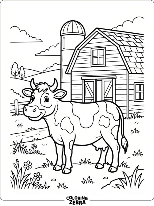 A cow stands beside a small barn with lots of open space around it.