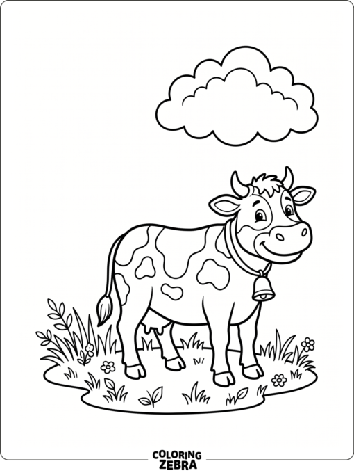 A smiling cow standing beside a cloud and grass