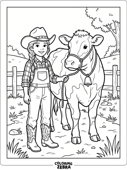 A girl in boots standing beside a cow