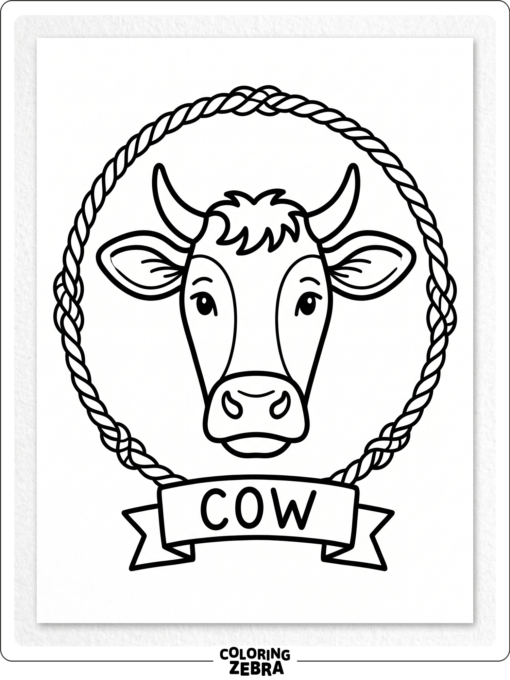 A cow head framed by a simple rope border