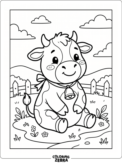 A cheerful cute cow sits with a bell around its neck in a simple scene.