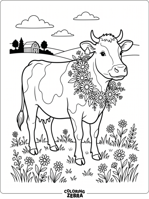 A cow wearing daisies around its neck