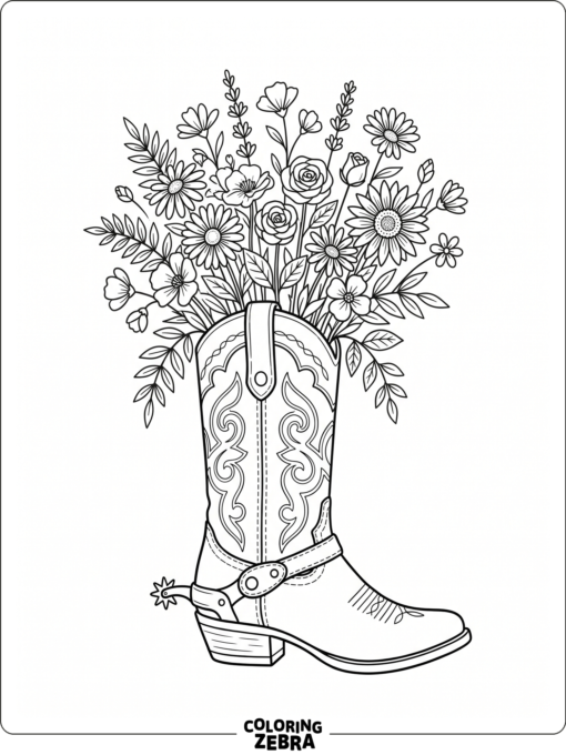 A cowboy boot filled with wildflowers and leaves