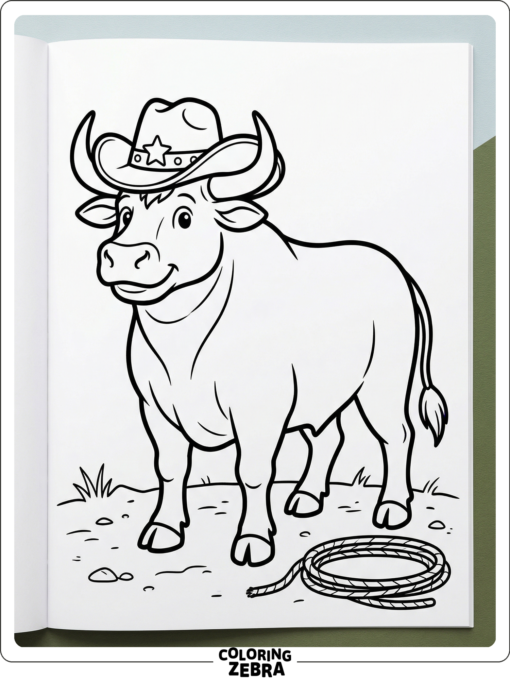 A bull wearing a cowboy hat near a lasso