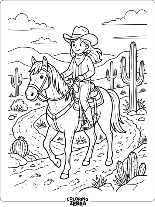 A cowgirl riding a horse near desert plants
