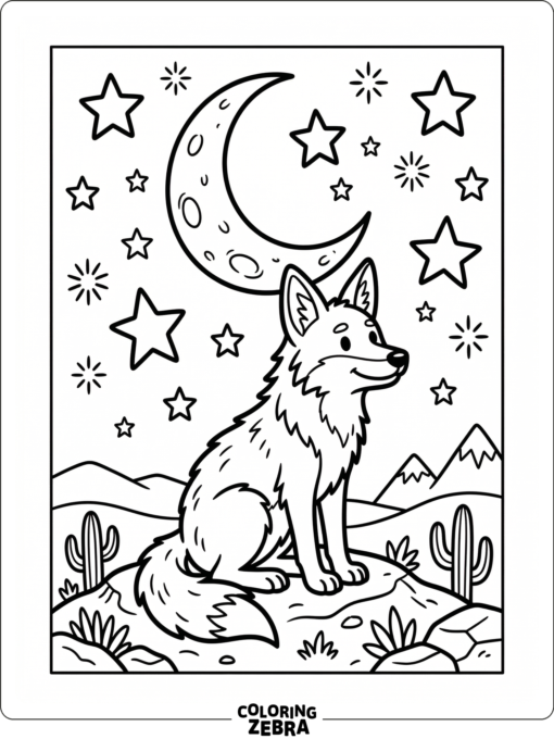 A coyote sitting under the moon and stars