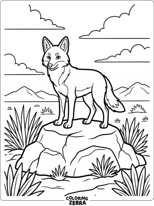 A lone coyote stands on a rock with simple desert grass around it