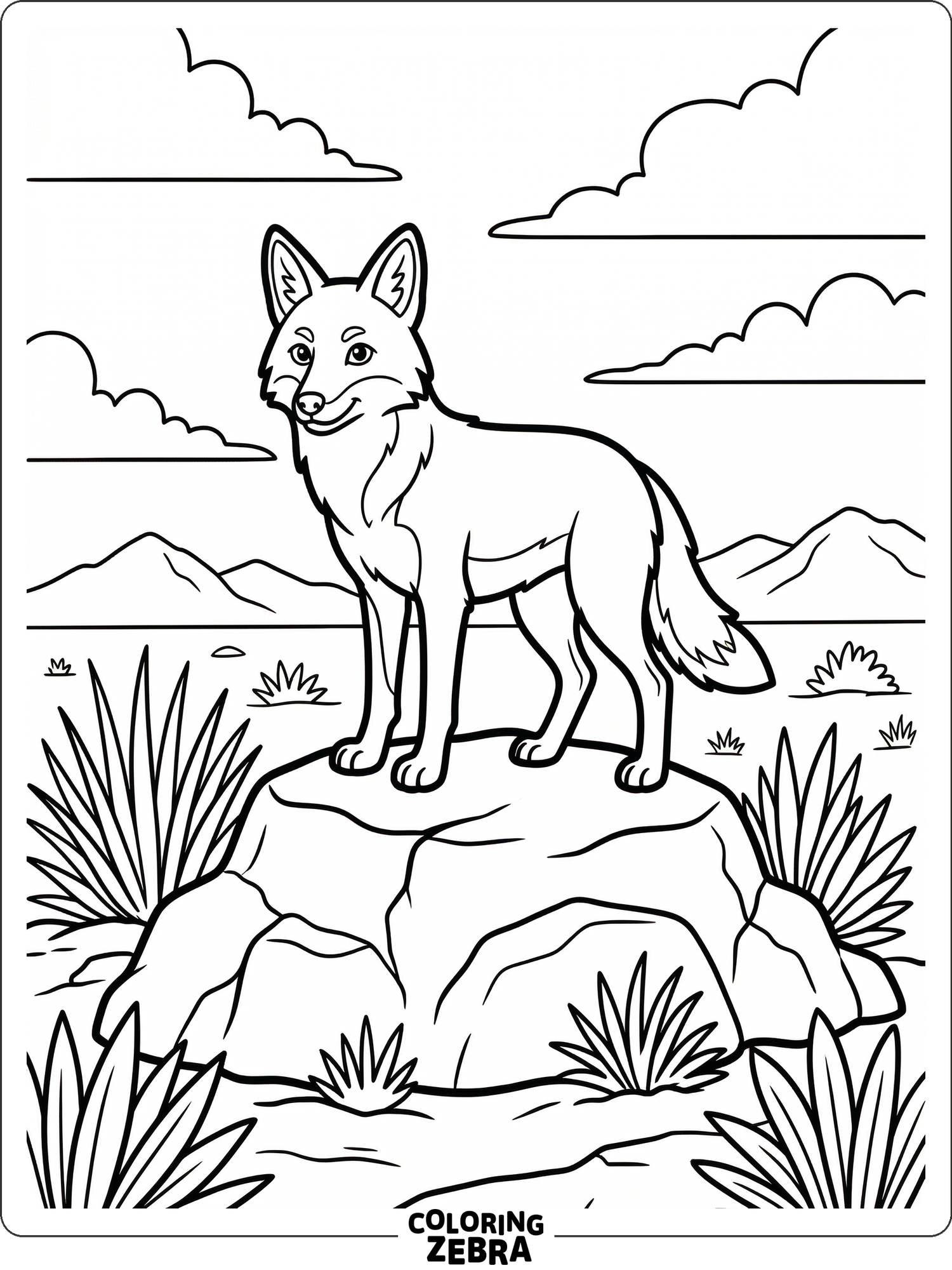 A lone coyote stands on a rock with simple desert grass around it