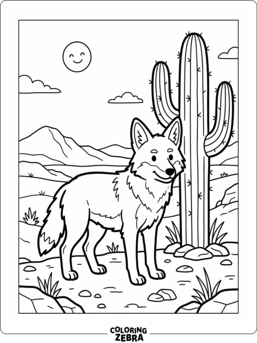 A coyote standing near a cactus in a simple desert scene