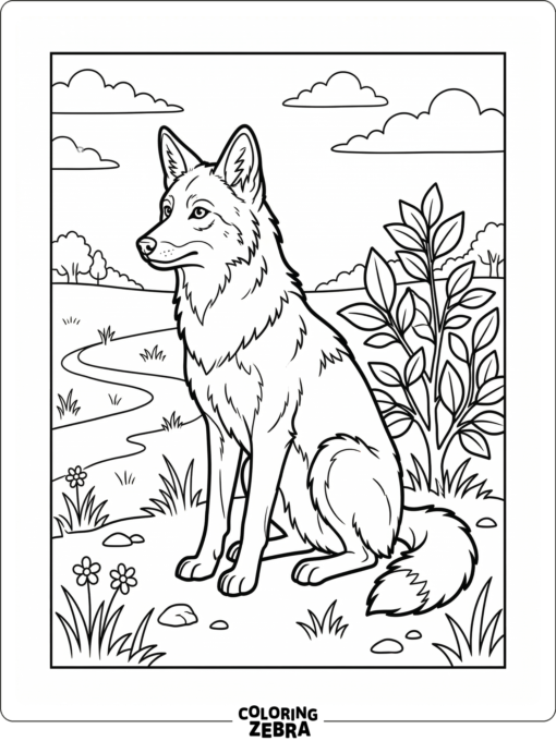 An alert coyote sitting near a bush in a simple field