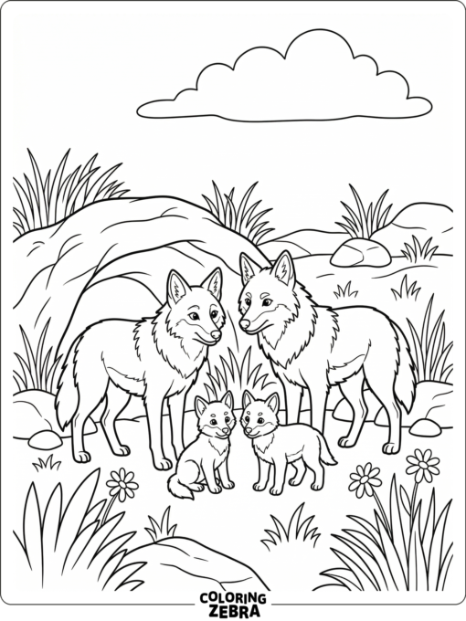 A coyote family standing together near a grassy den