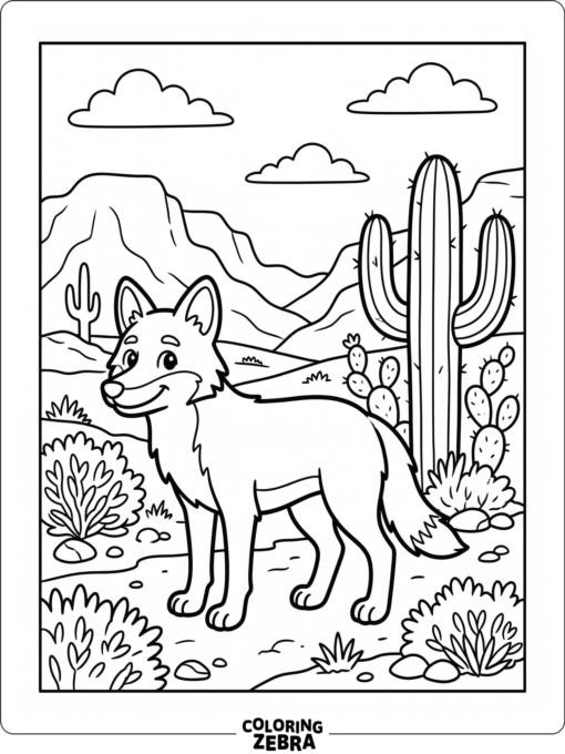 A coyote in a desert habitat with cactus and hills