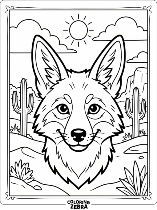 A coyote head with pointed ears and a simple desert scene