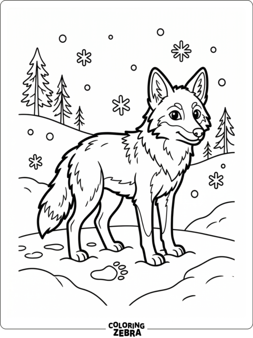 A coyote standing in fresh snow with falling flakes