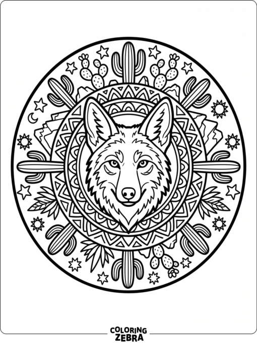 A coyote head inside a circular mandala