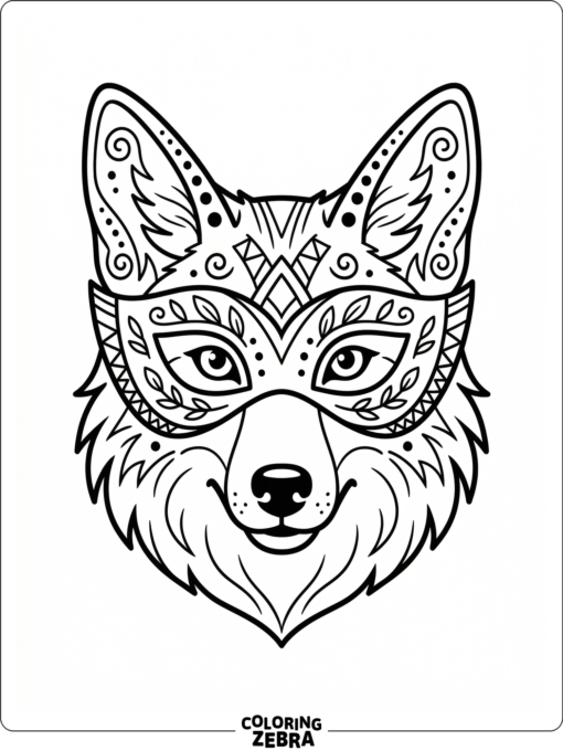 A coyote face in a simple mask shape with markings