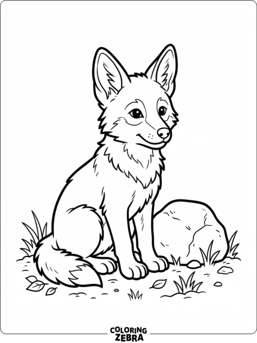 A coyote pup sitting beside a small stone