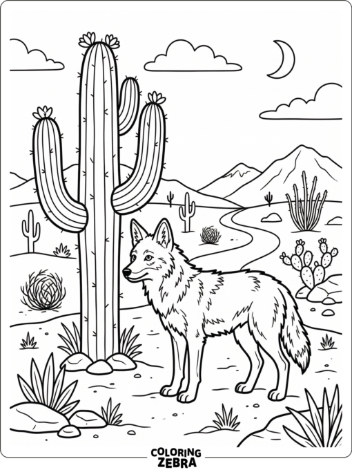 A coyote standing beside a tall cactus