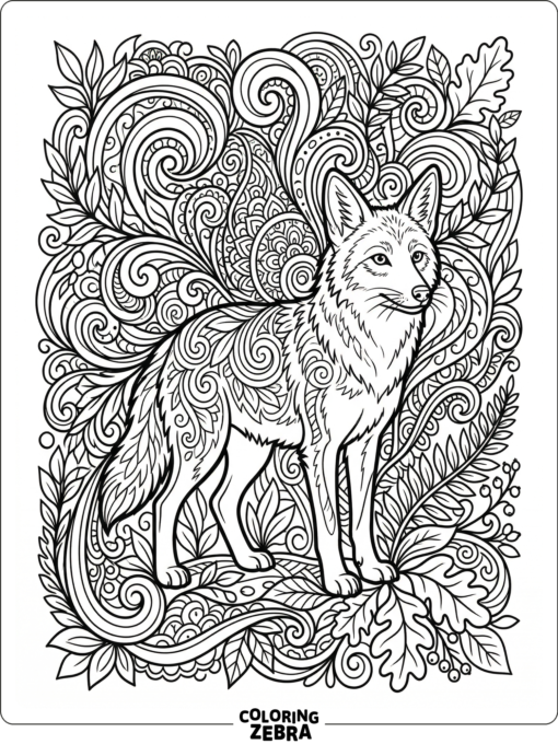 A coyote surrounded by swirling zentangle patterns