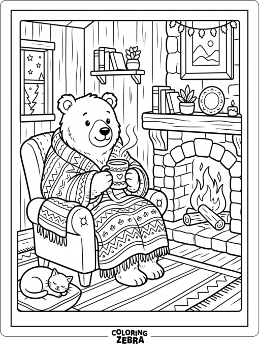 A cozy bear sits wrapped in a blanket with a mug
