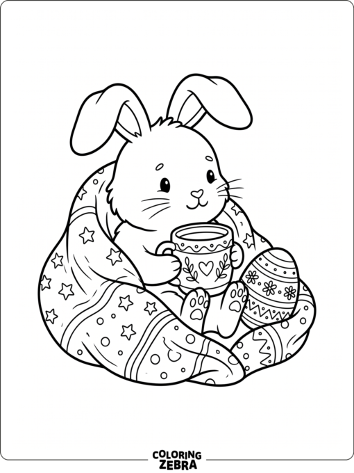 A cozy bunny with a blanket, mug, and egg