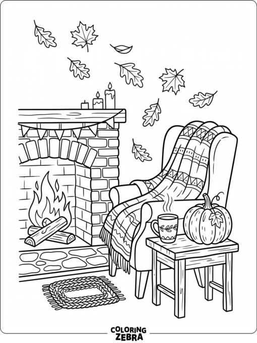 A cozy blanket, mug, and pumpkin by a fireplace