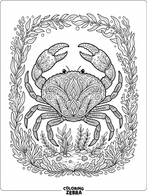 An ornate crab with shell patterns and seaweed borders
