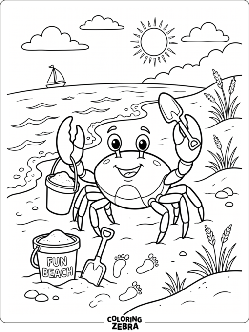 A crab with a bucket and shovel on the beach