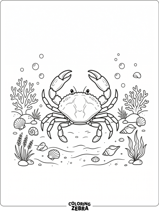 A crab outline with coral and shells