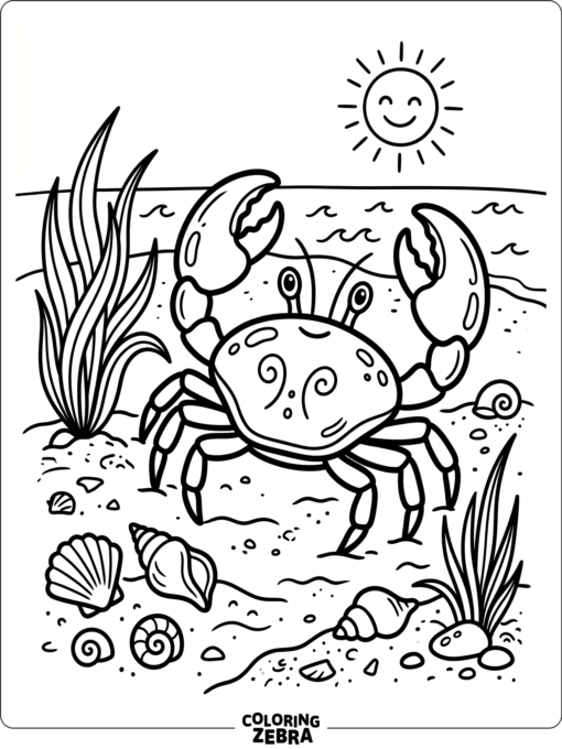 A crab on the beach with shells and sea grass
