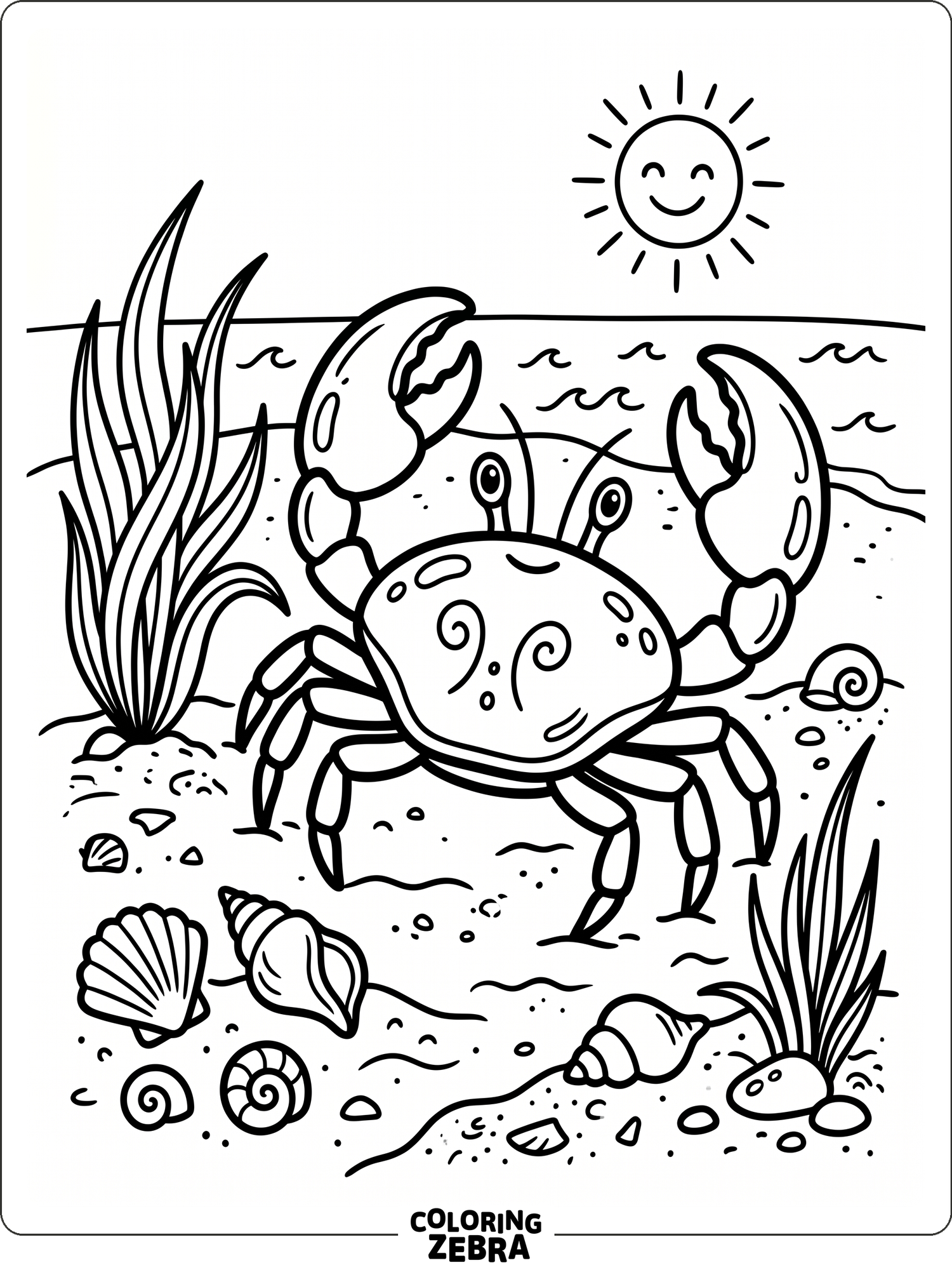 A crab on the beach with shells and sea grass