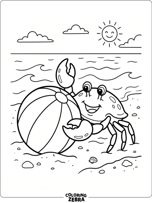 A happy crab beside a beach ball