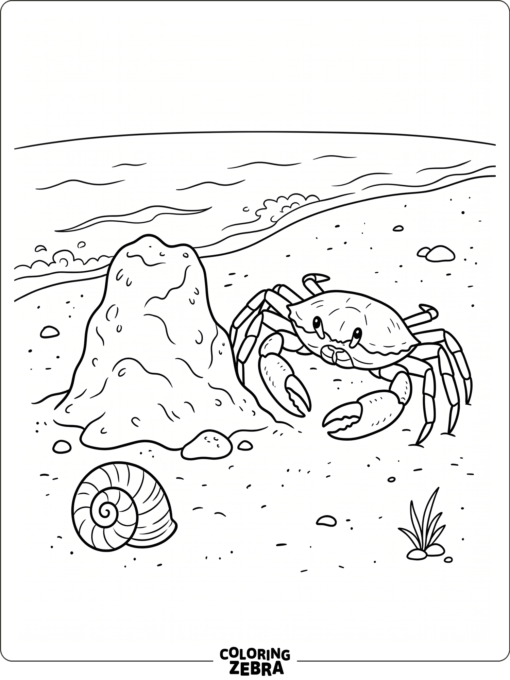 A crab on the beach near a sand mound and seashell