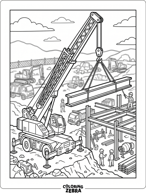 A crane truck lifting a beam at a work site