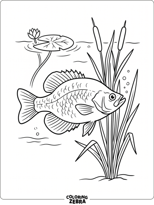 A crappie fish gliding near reeds and a lily pad