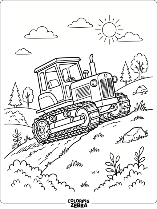 A crawler tractor climbing a gentle hill