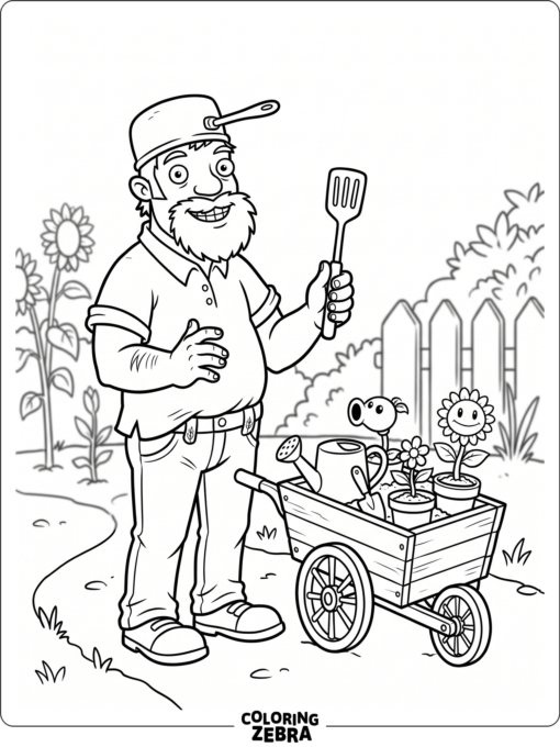 Crazy Dave stands with a spatula beside a garden cart