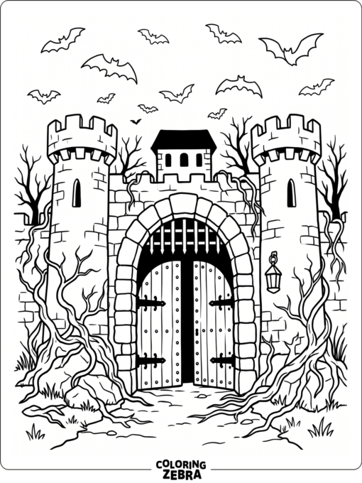 Creepy castle gate with bats and roots