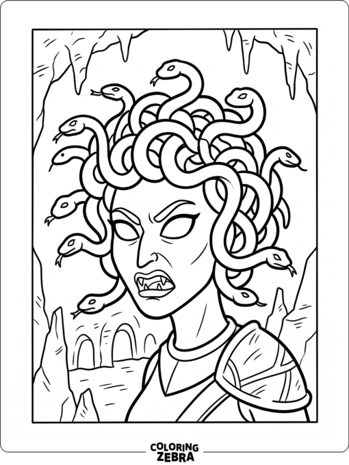 A creepy Medusa with sharp teeth and snake hair