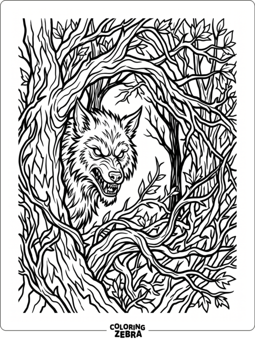 A creepy werewolf peeking through twisted branches