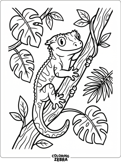 A crested gecko clings to a vine beside tropical leaves