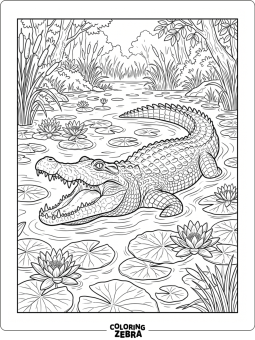 A crocodile with open mouth near lily pads